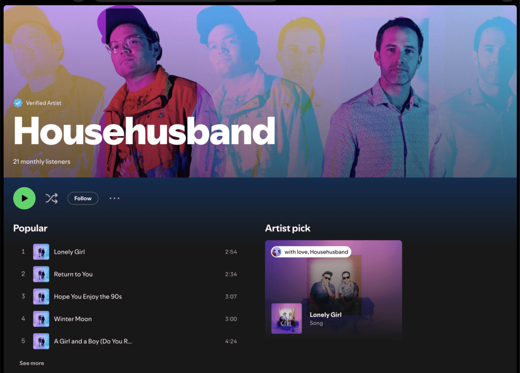 Screenshot of Househusband’s Spotify artist profile showcasing neon portraits from their Studio Lab session with Mewphotovideo, used as banner and cover art